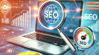 DALL·E 2025-01-21 21.36.28 - A visually appealing illustration representing website SEO optimization, showing a laptop with various SEO elements such as graphs, magnifying glass o